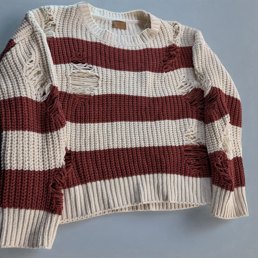 POL Distressed Chunky Knit Sweater Small Boho Striped Oversized